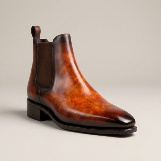 PLUXSTYLE::numise::mens-fire-orange-chelsea-boots::closeup-hero