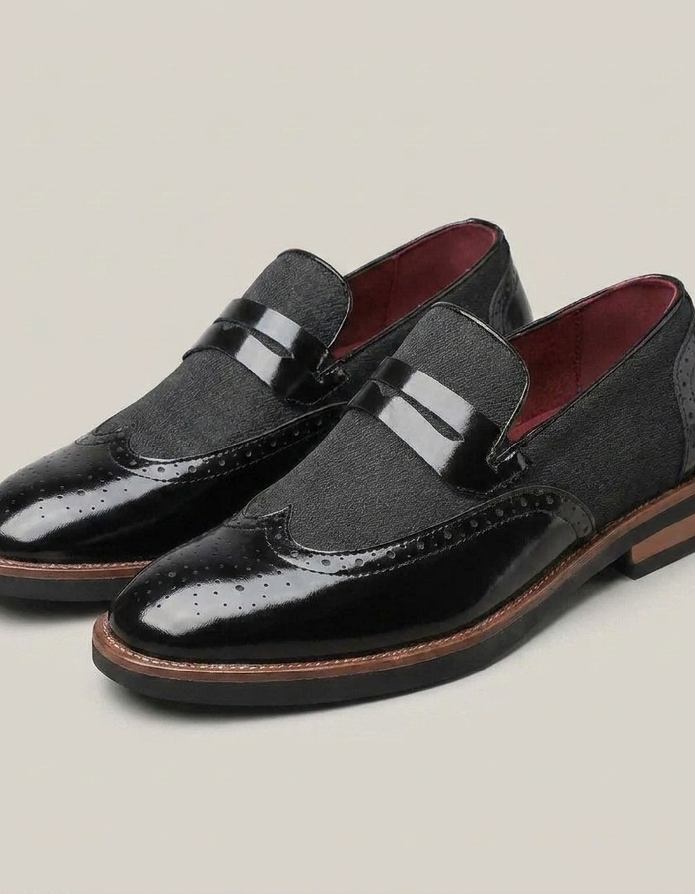 PLUXSTYLE::numise::mens-brogue-penny-loafers::closeup-detail