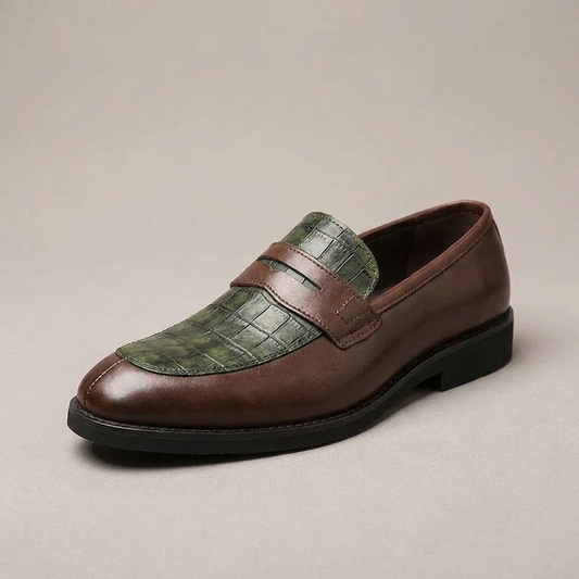 PLUXSTYLE::numise::mens-croc-embossed-penny-loafers::closeup-hero