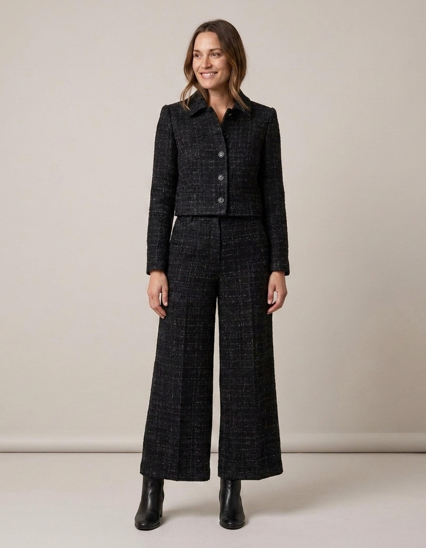 PLUXSTYLE::numise::harper-cropped-parka-wide-leg-bottoms-set::front