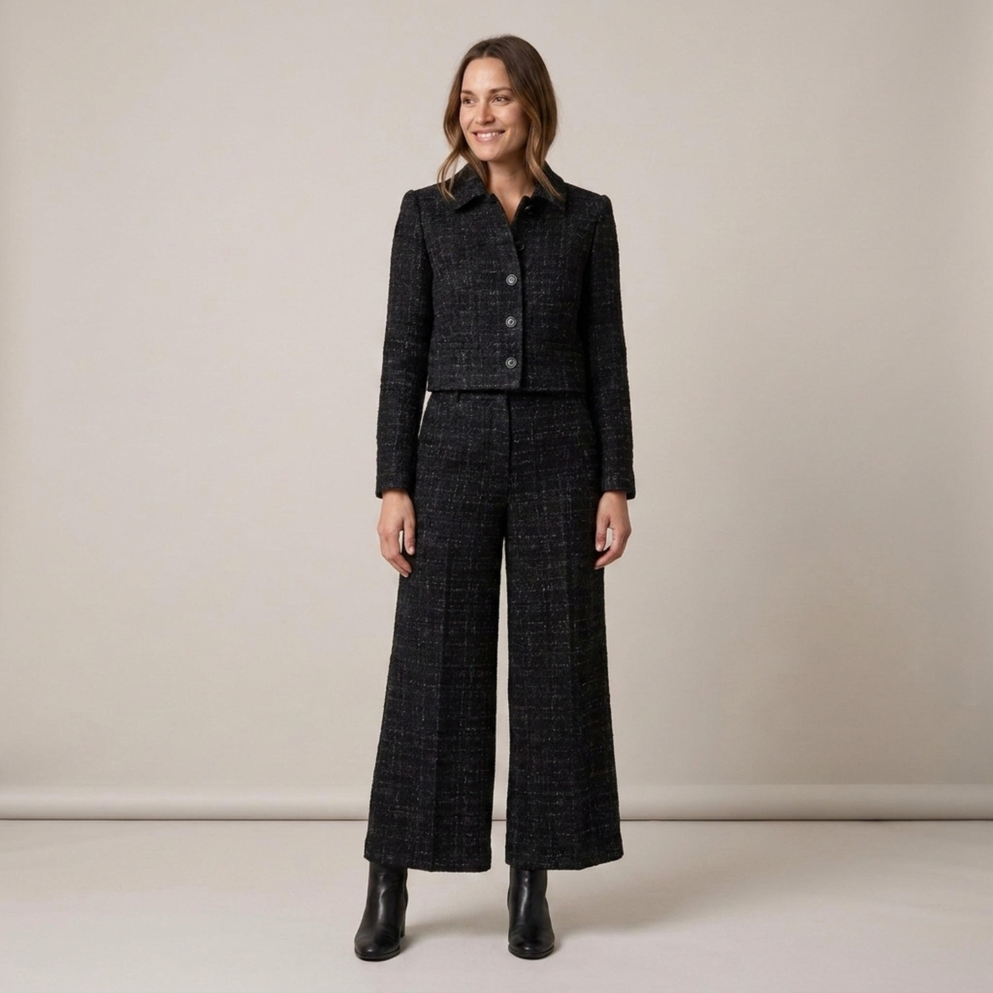 PLUXSTYLE::numise::harper-cropped-parka-wide-leg-bottoms-set::front