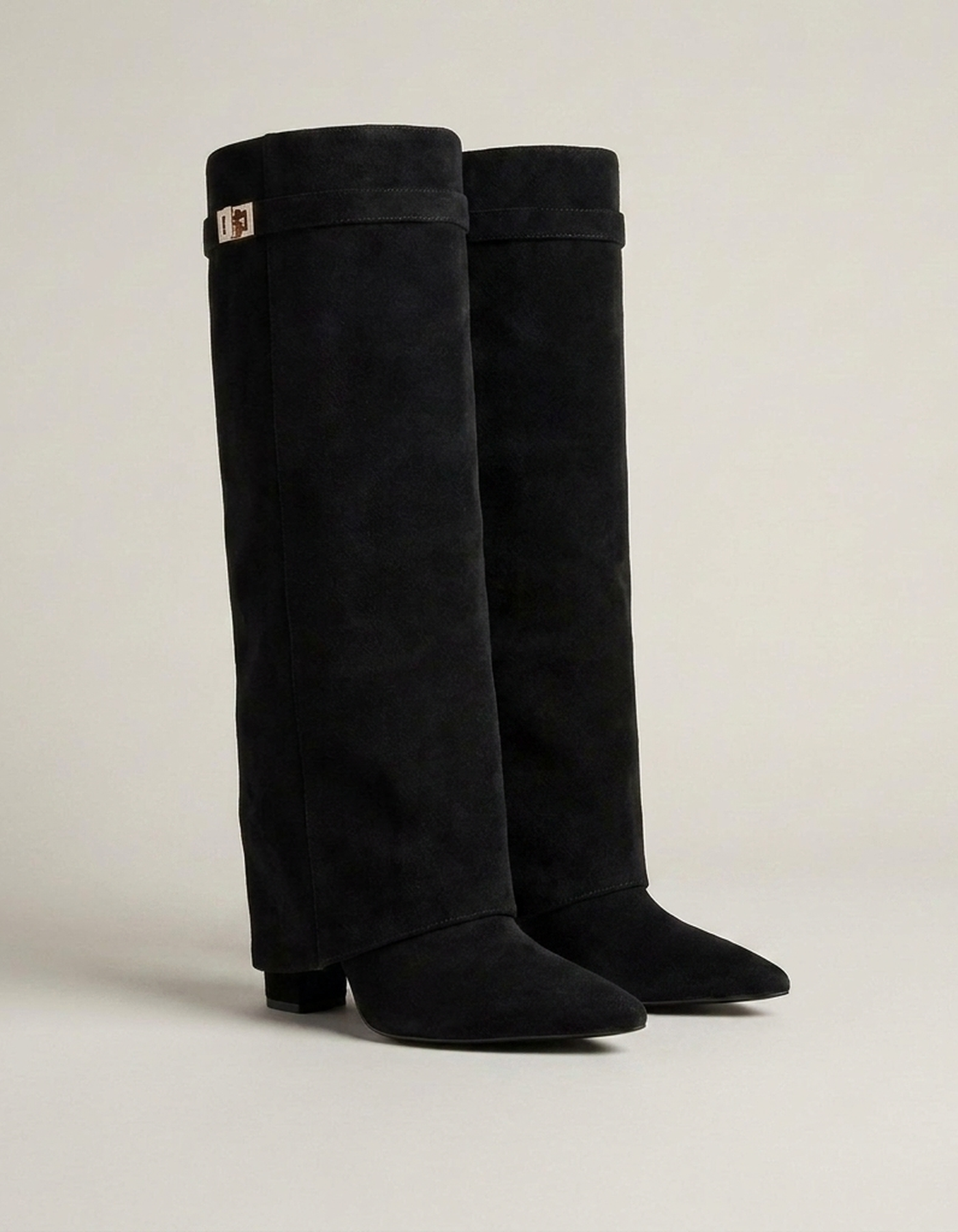 PLUXSTYLE::numise::gold-trim-knee-high-boots::closeup-detail
