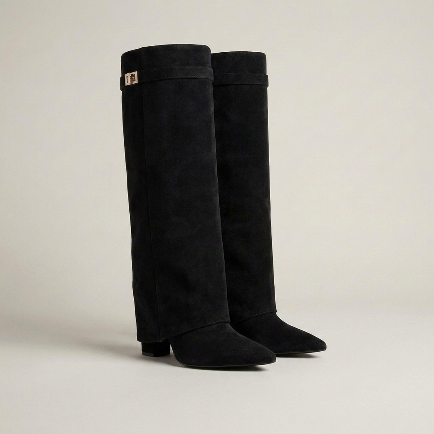 PLUXSTYLE::numise::gold-trim-knee-high-boots::closeup-detail