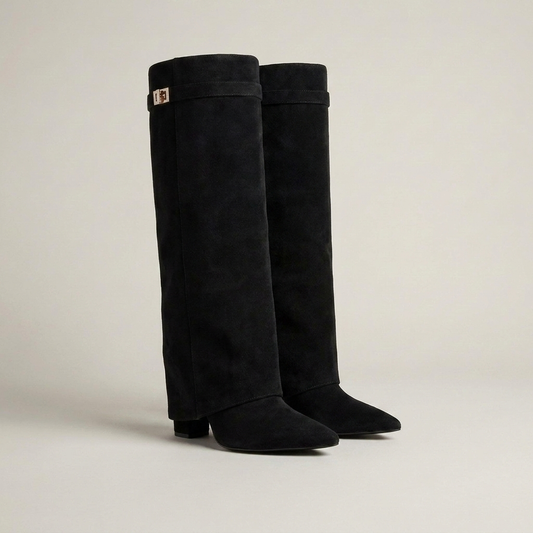 PLUXSTYLE::numise::gold-trim-knee-high-boots::closeup-detail