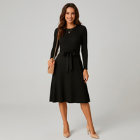 Long-Sleeve Belted Midi Dress