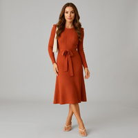 Long-Sleeve Belted Midi Dress