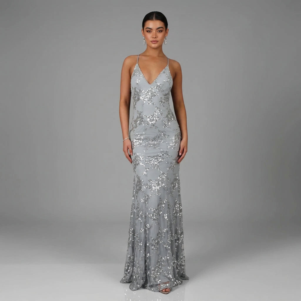 Backless Spaghetti Strap Sequin Maxi Dress