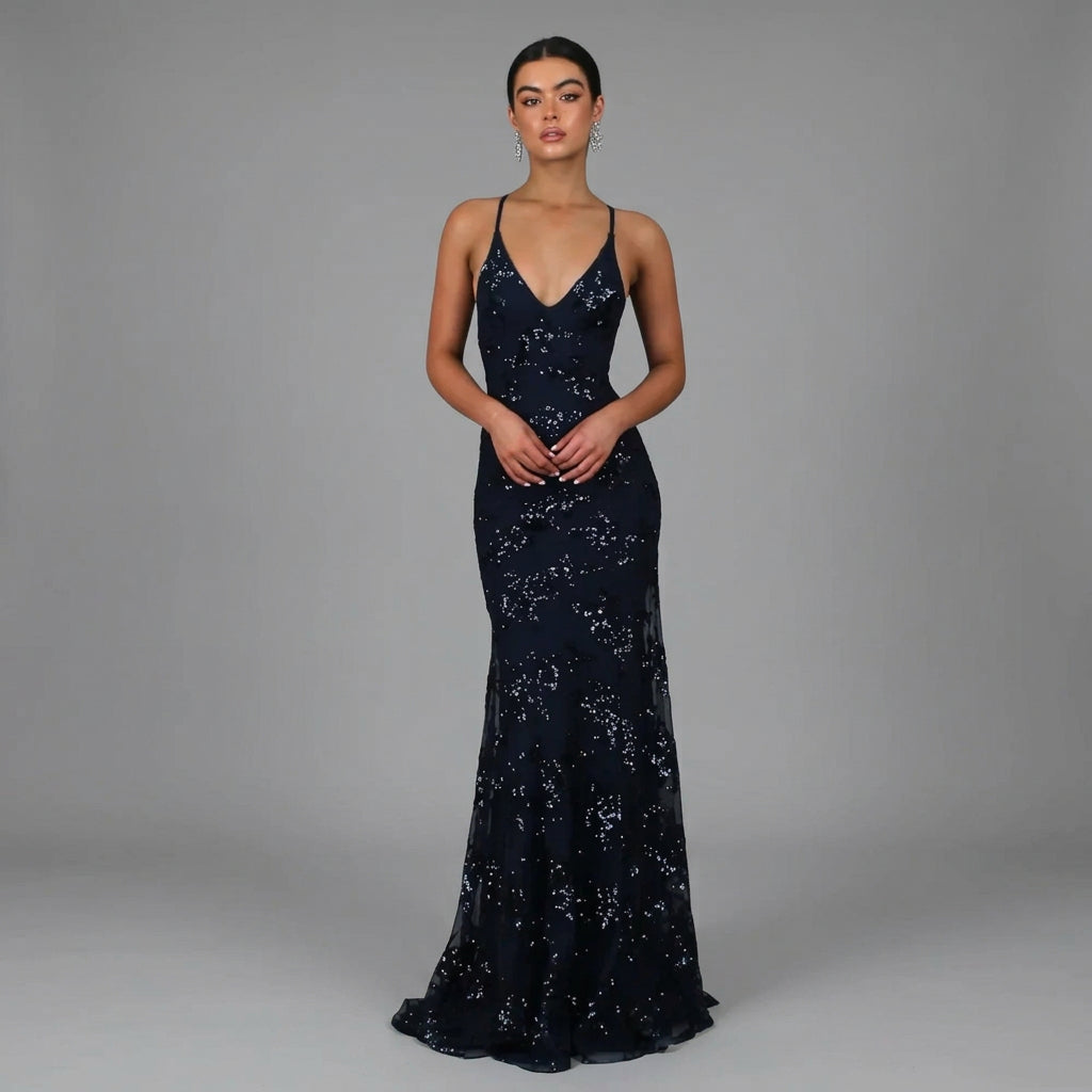 Backless Spaghetti Strap Sequin Maxi Dress