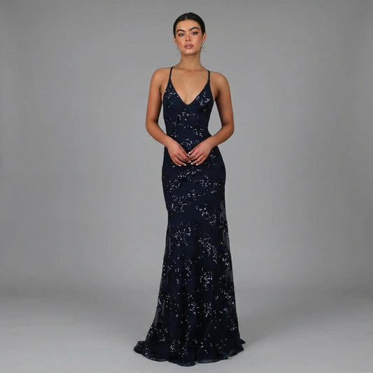 Backless Spaghetti Strap Sequin Maxi Dress
