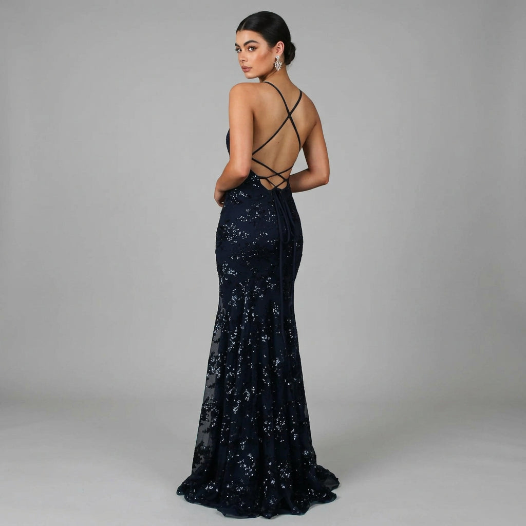Backless Spaghetti Strap Sequin Maxi Dress