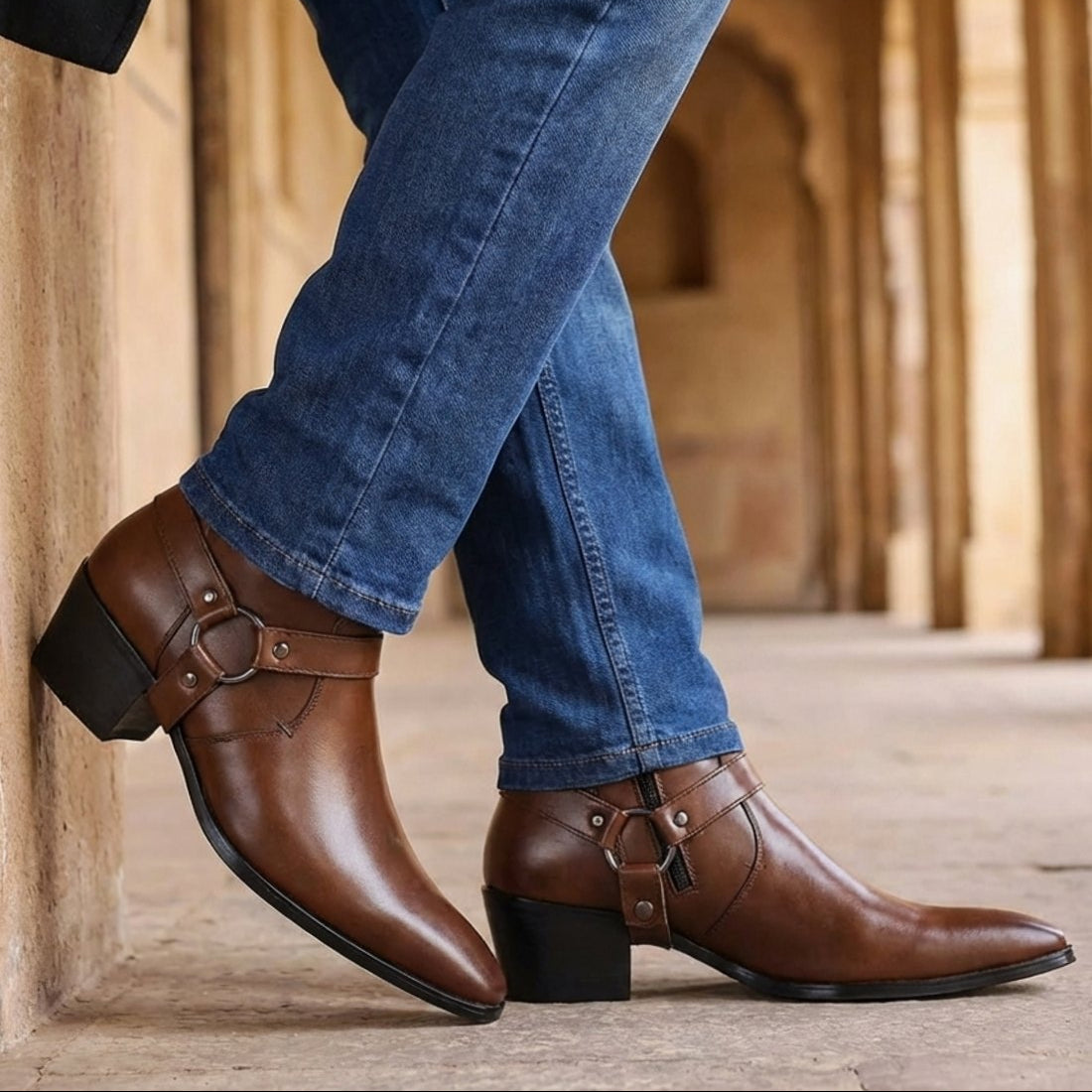 Herrenstiefel mit spitzer Zehenpartie und Riemen