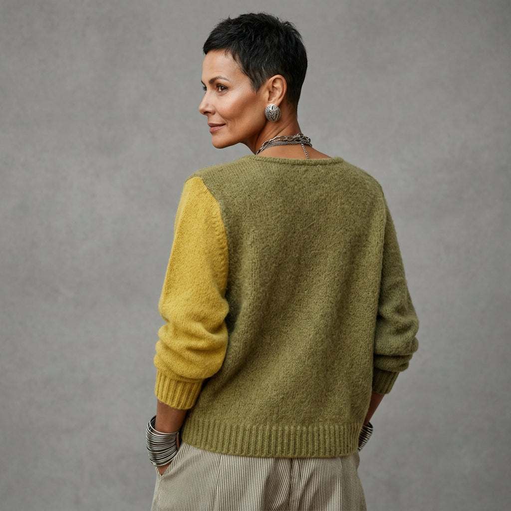 Relaxed Fit Color-Block Button Sweater