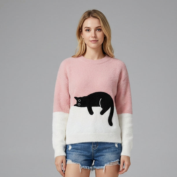 Comfort Cat Print Pullover Sweater
