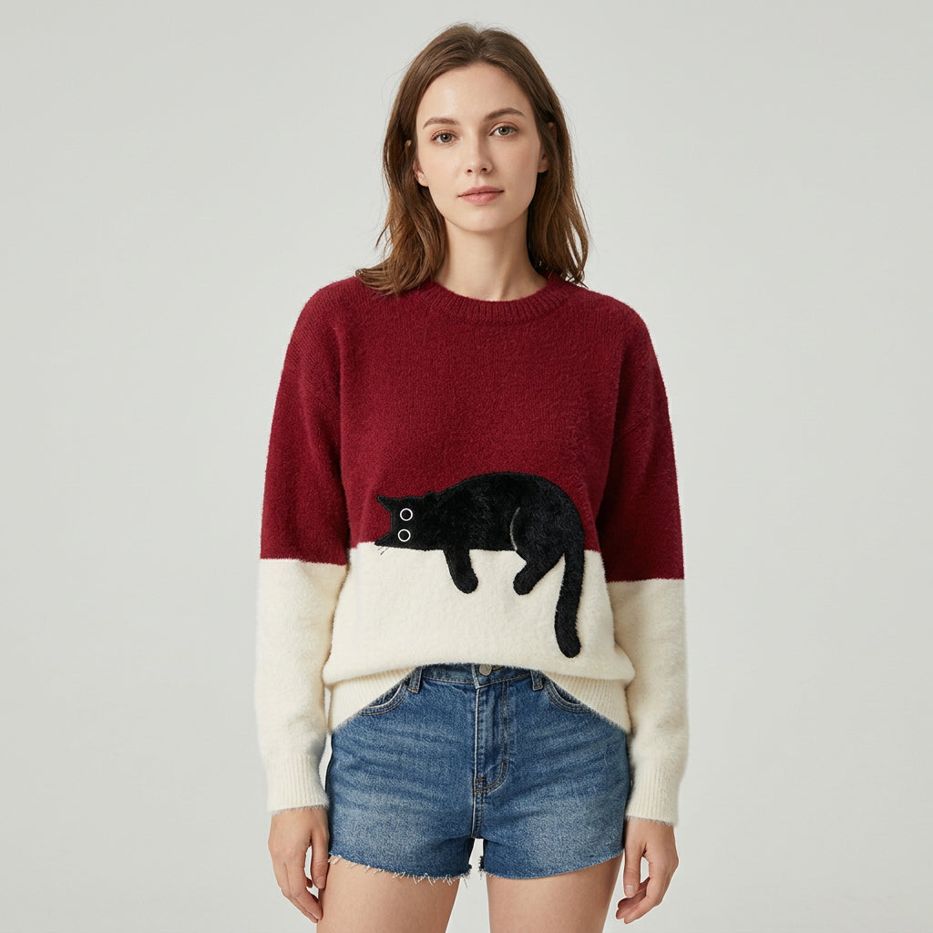 Comfort Cat Print Pullover Sweater