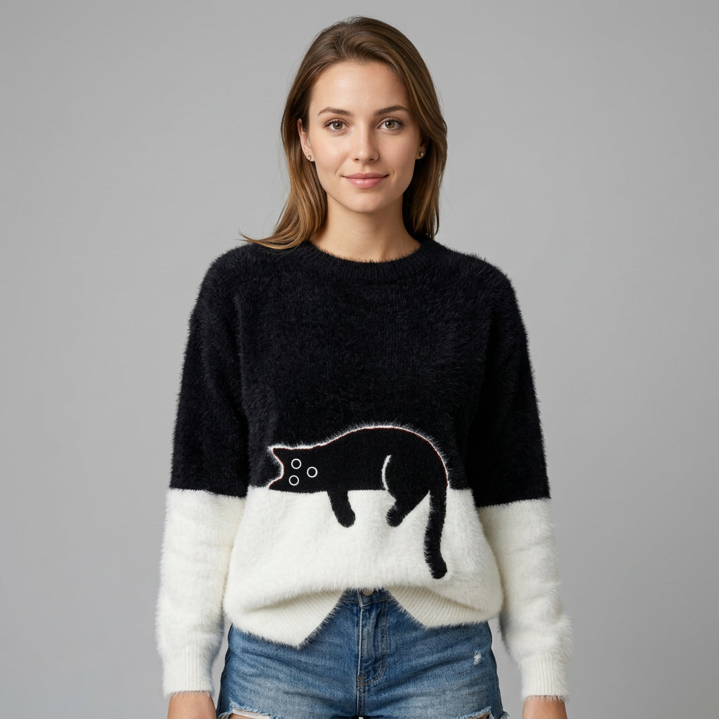 Comfort Cat Print Pullover Sweater